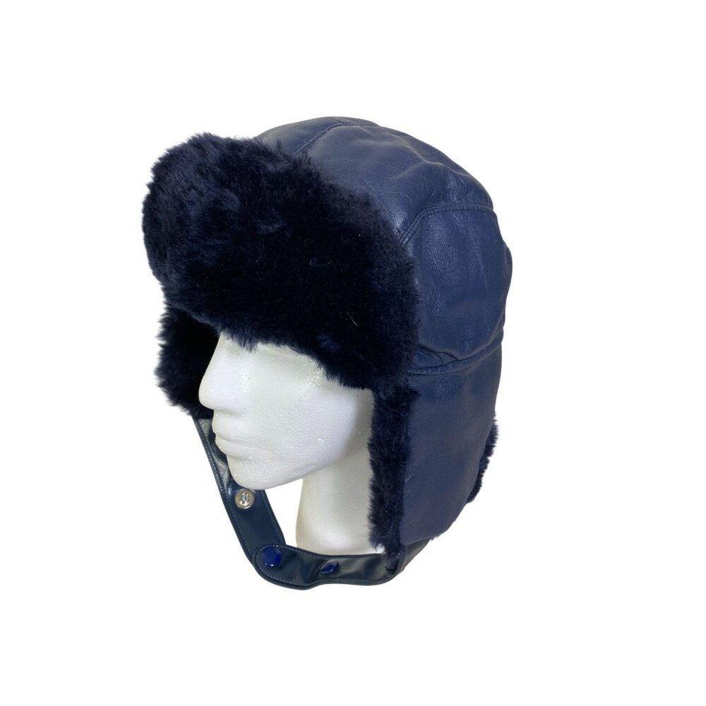 Vintage Dorfman Pacific Navy Blue Faux Fur Trooper Hat Medium Aviator Winter USA